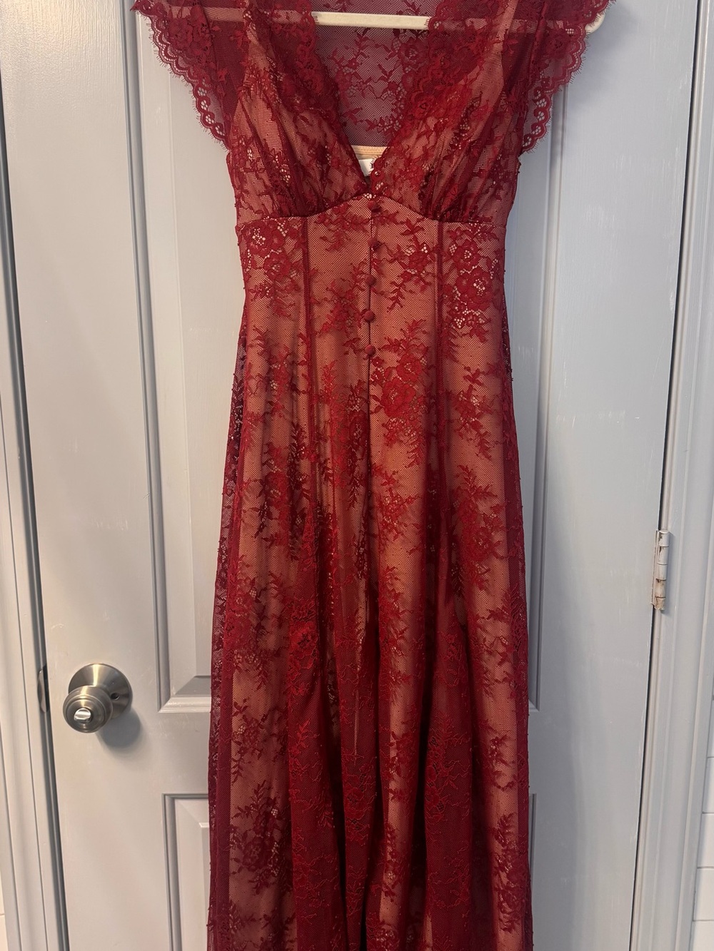 Deep Red Lace Maxi Dress with Sheer Overlay